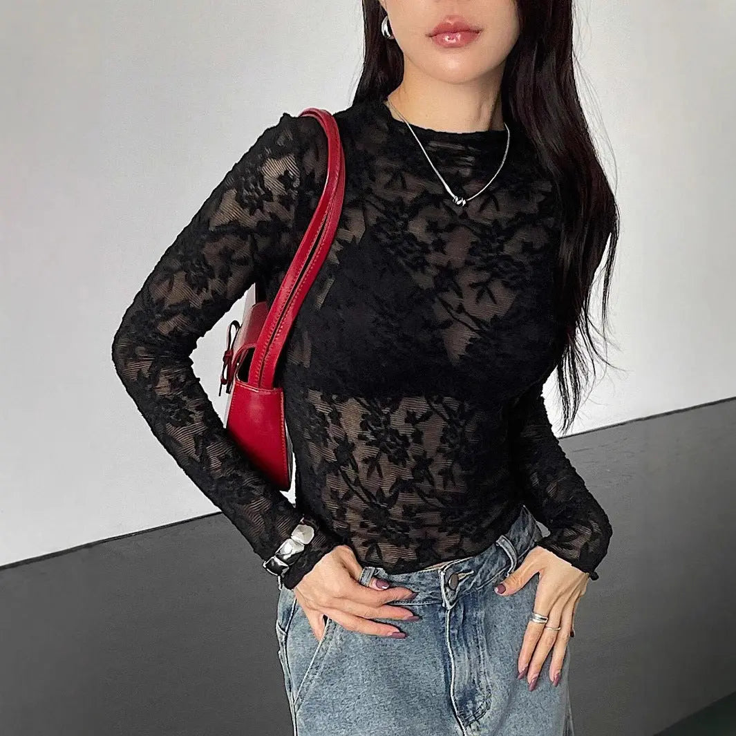Womens Stand-Up Collar Sheer Lace Bodycon Long-Sleeve T-Shirt ORIS WEAR