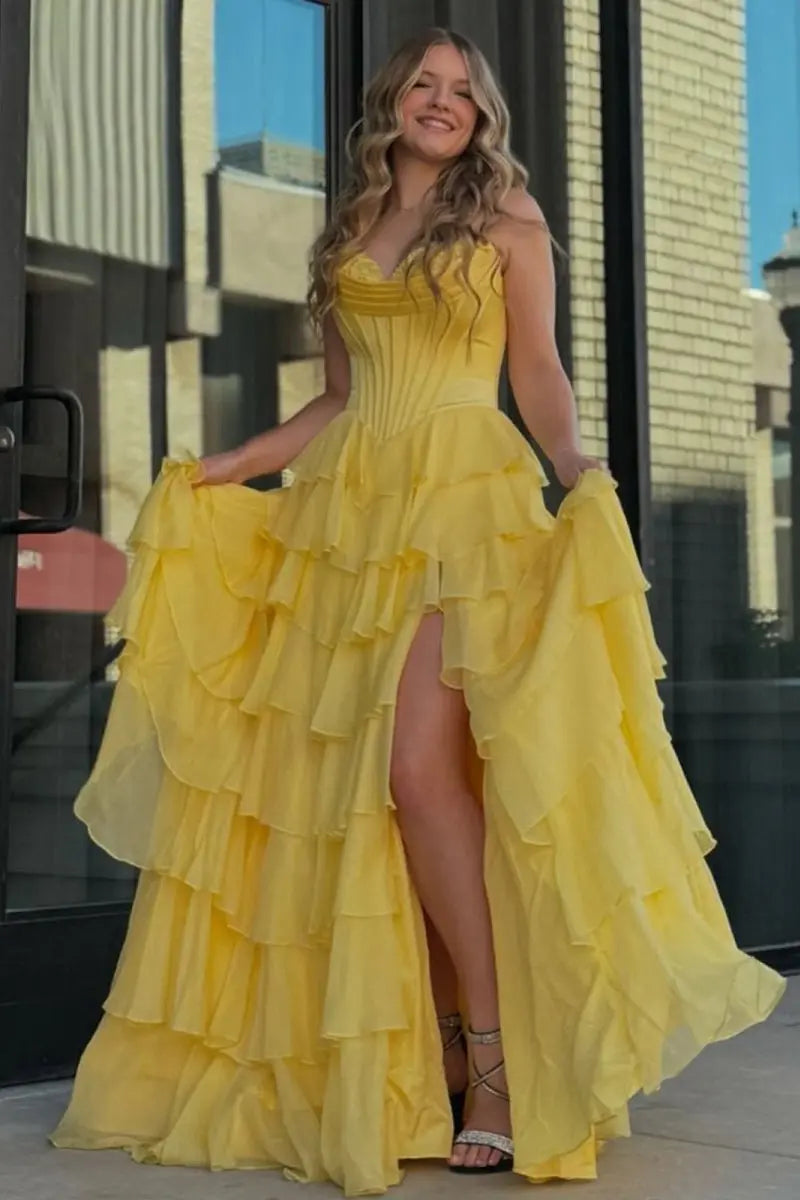 Ardea | Strapless A-Line Ruffle Long Prom Dress With Split -KissProm