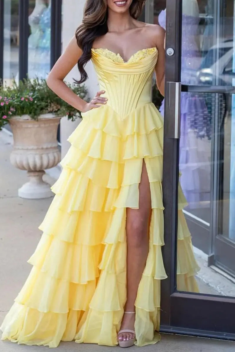 Ardea | Strapless A-Line Ruffle Long Prom Dress With Split -KissProm