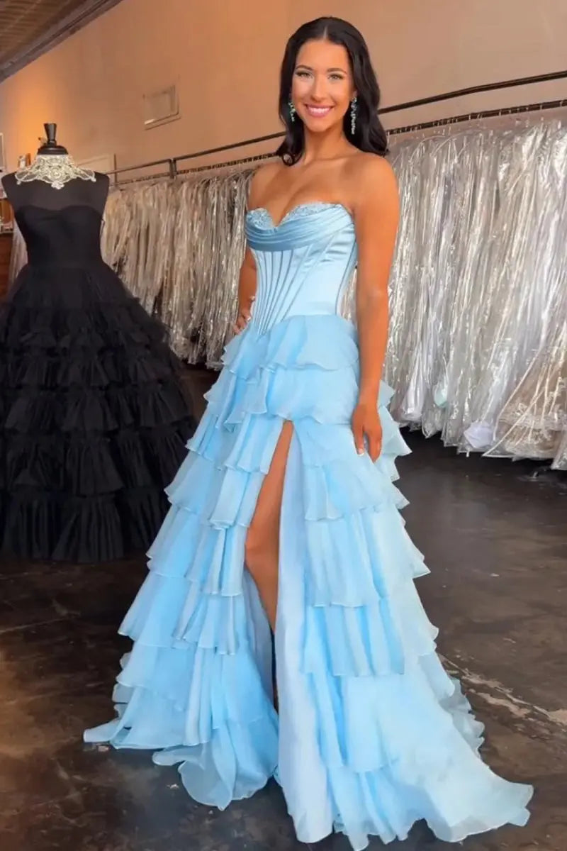 Ardea | Strapless A-Line Ruffle Long Prom Dress With Split -KissProm