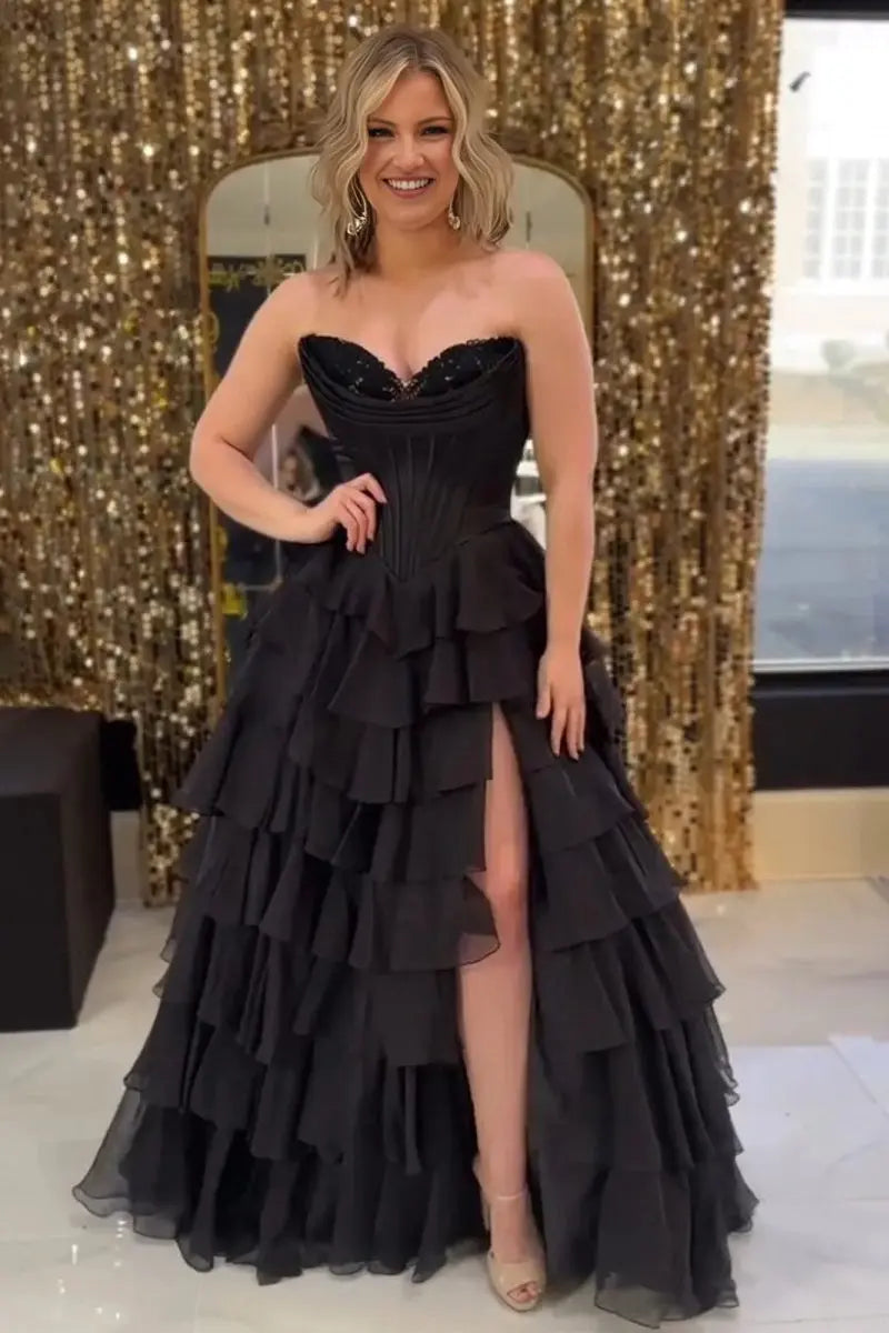 Ardea | Strapless A-Line Ruffle Long Prom Dress With Split -KissProm