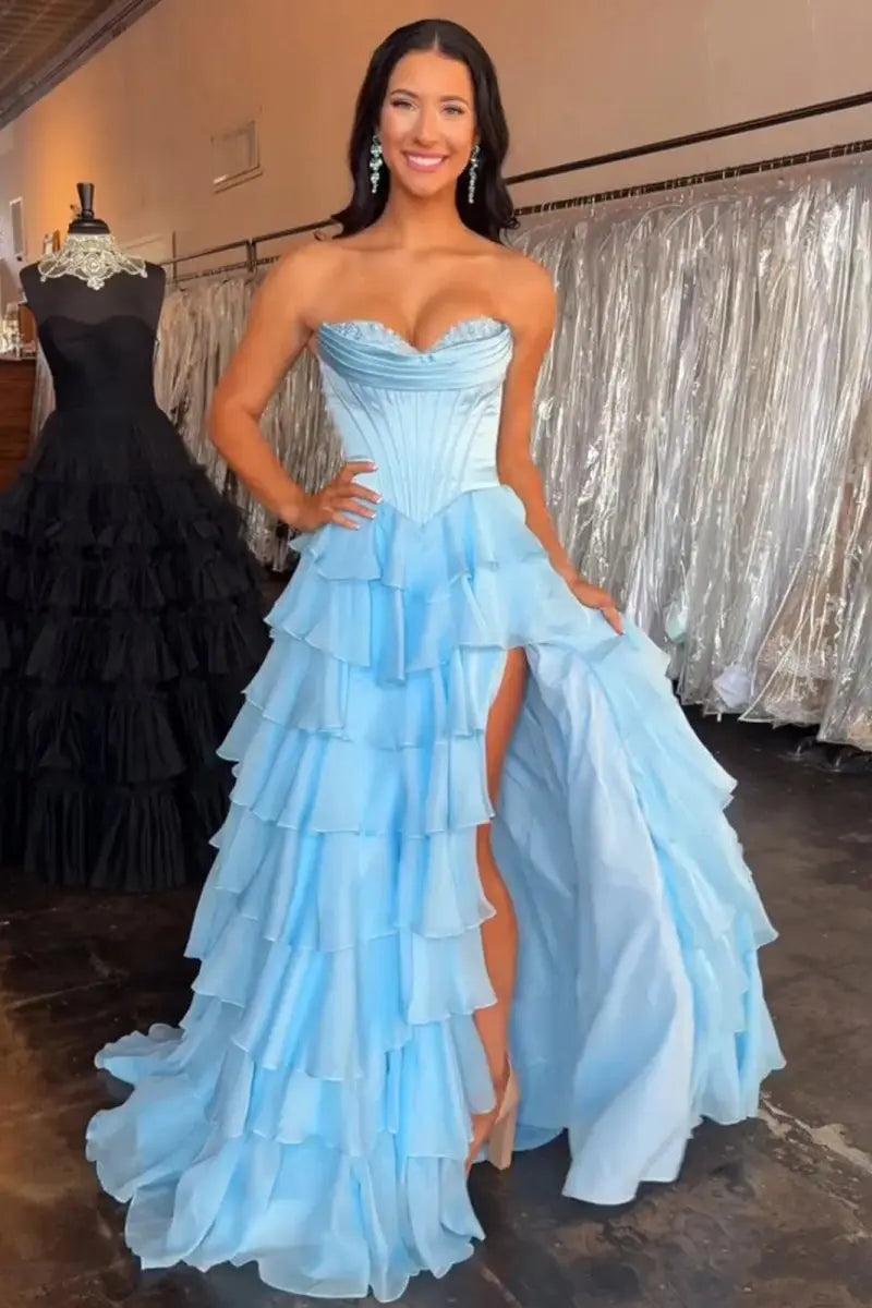 Ardea | Strapless A-Line Ruffle Long Prom Dress With Split -KissProm