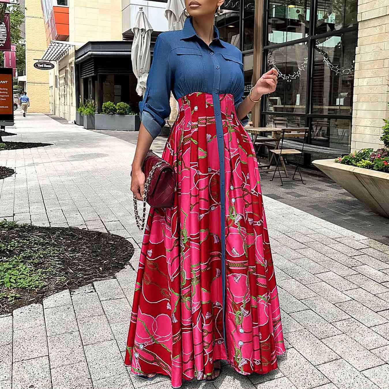 Casual Denim Stitching Printing Long Dress ORIS WEAR