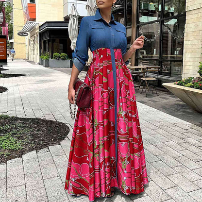 Casual Denim Stitching Printing Long Dress ORIS WEAR