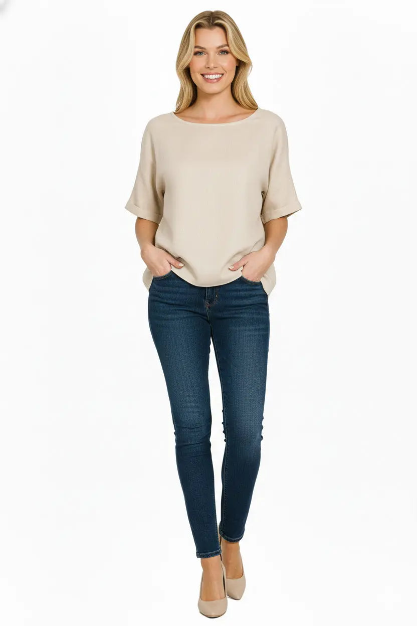 Top en Lin 100% Col Rond & Manches Retroussées – Élégance Naturelle ORIS WEAR