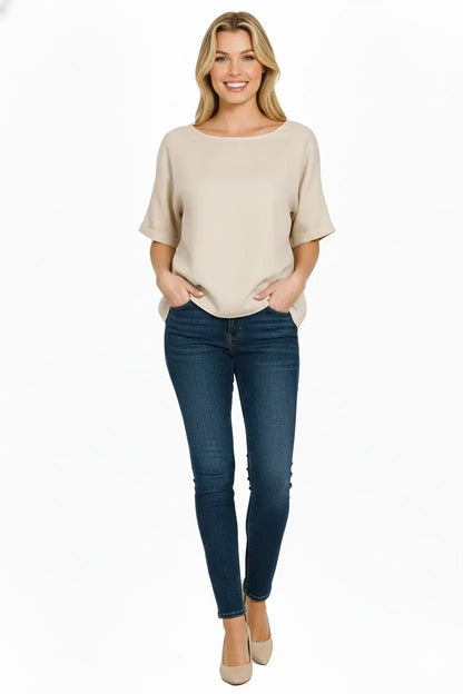 Top en Lin 100% Col Rond & Manches Retroussées – Élégance Naturelle ORIS WEAR