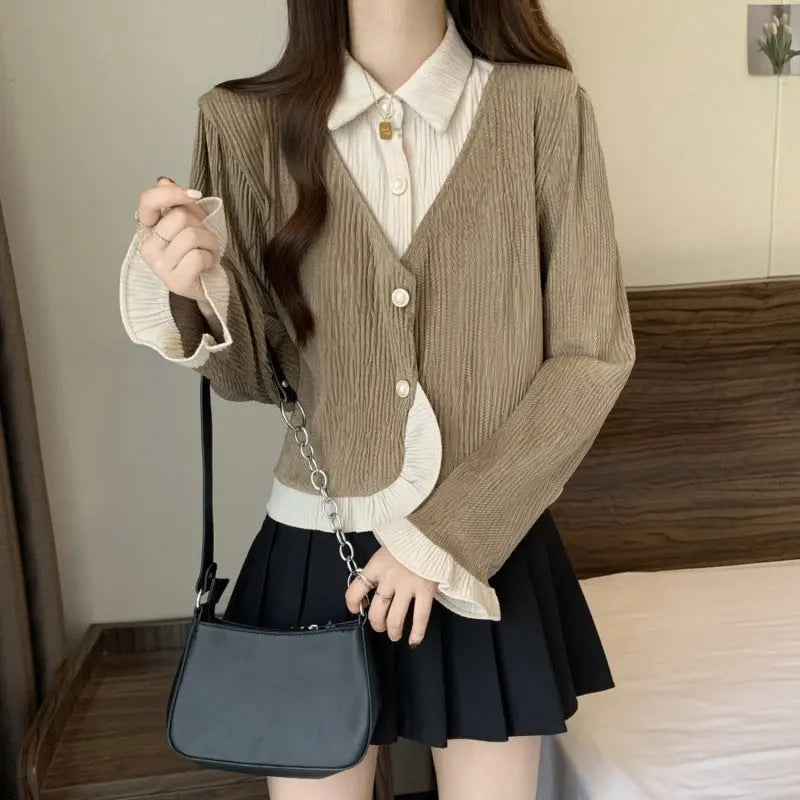 Haut deux-en-un chemise & cardigan – Style preppy féminin ORIS WEAR