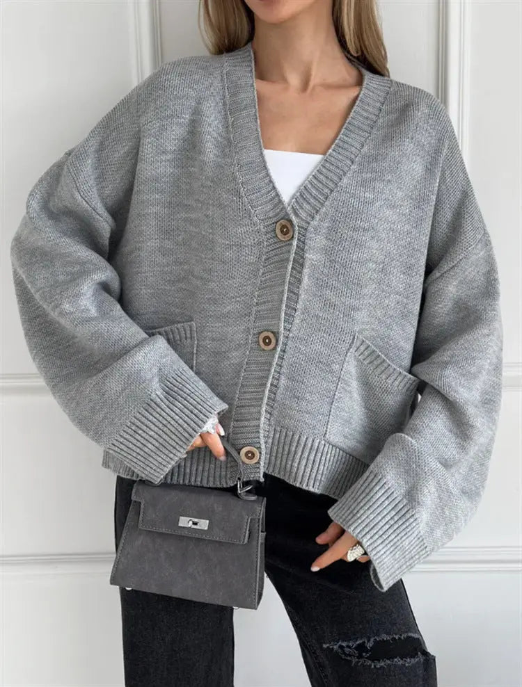 Cardigan en maille unie col V avec grandes poches pour femme ORIS WEAR