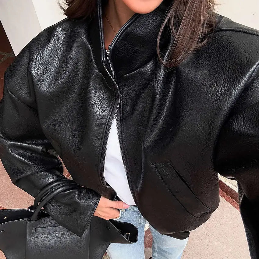 Veste en cuir PU noir à coupe ample ORIS WEAR