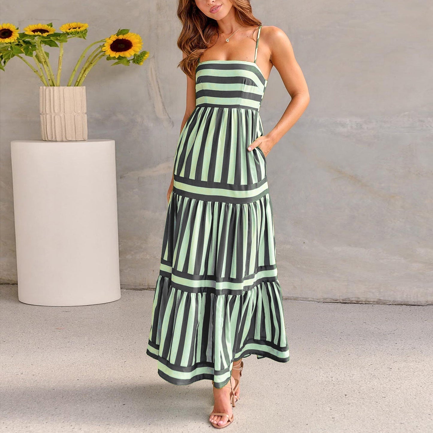 Robe Longue Rayée À Bretelles Avec Poches ORIS WEAR