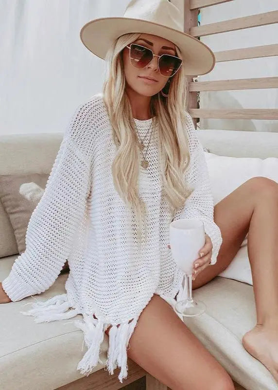 Poncho de plage en maille ajourée à franges ORIS WEAR