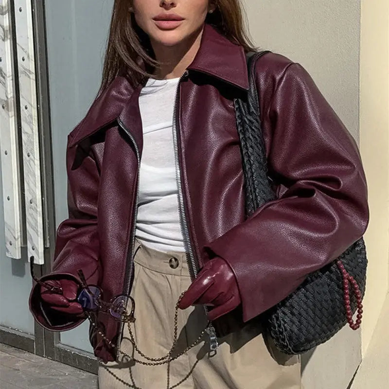 Veste en Cuir à Col Revers et Fermeture Éclair pour Femme ORIS WEAR