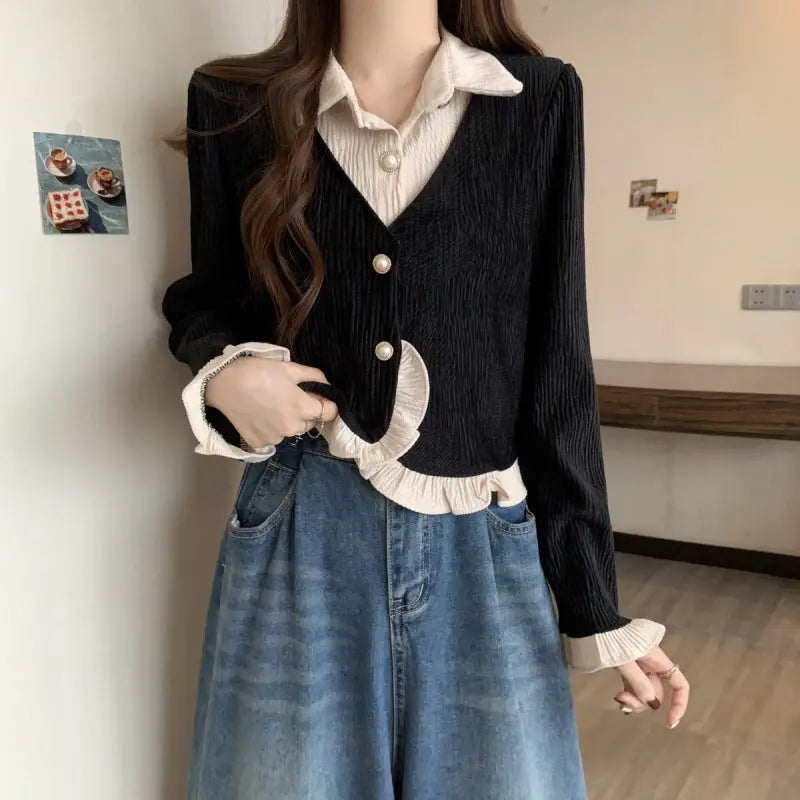 Haut deux-en-un chemise & cardigan – Style preppy féminin ORIS WEAR