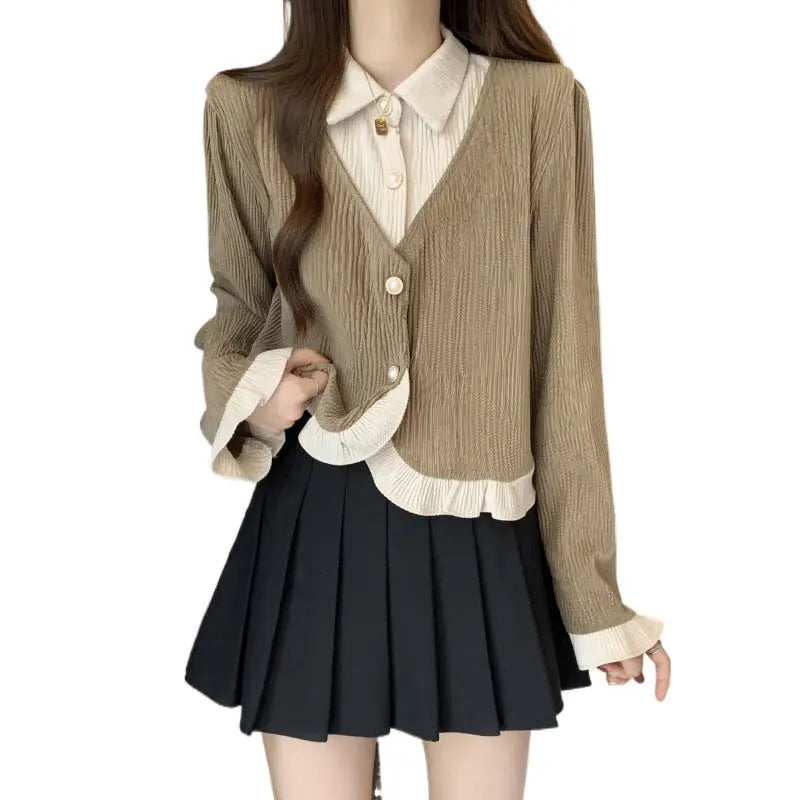 Haut deux-en-un chemise & cardigan – Style preppy féminin ORIS WEAR