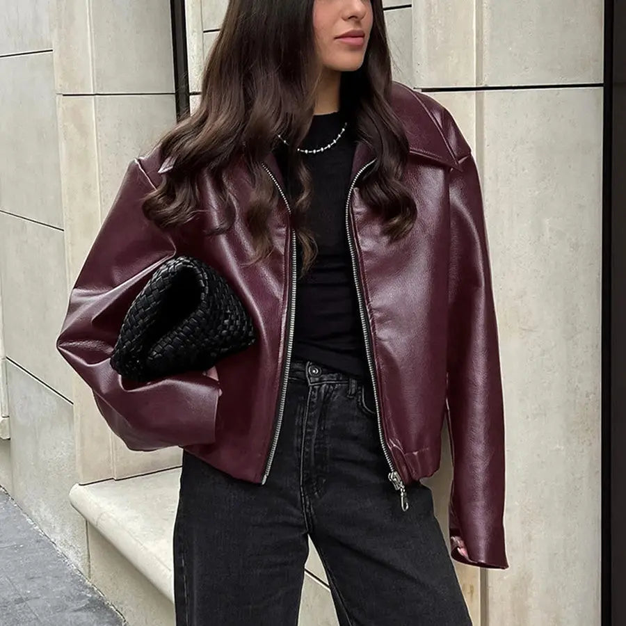 Veste en Cuir à Col Revers et Fermeture Éclair pour Femme ORIS WEAR