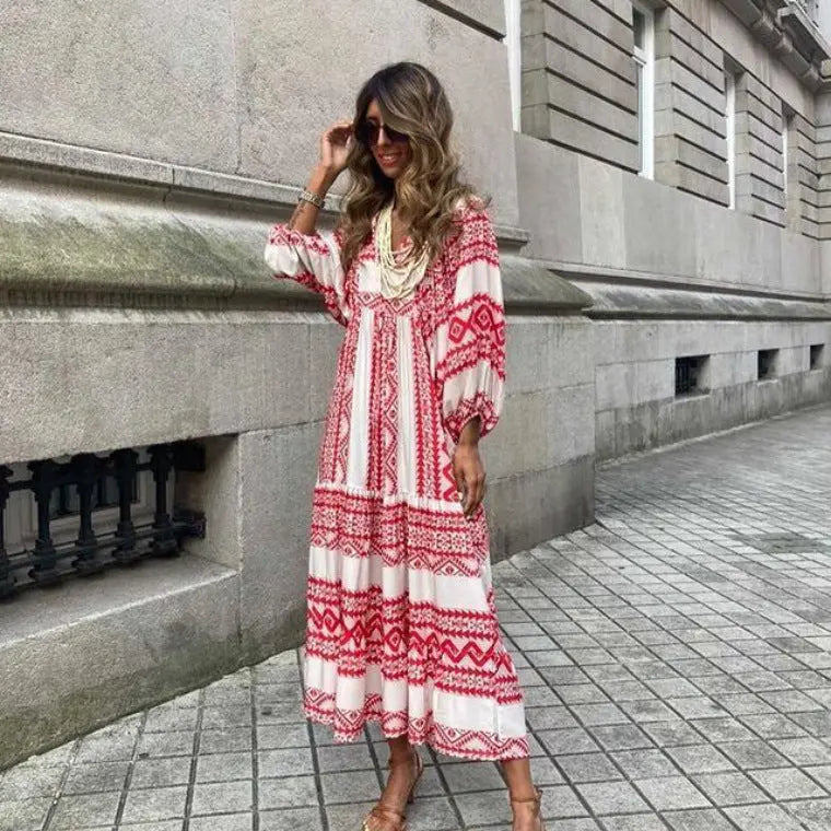 Summer Women's Vintage Printed Bohemian Dress Elegant Ladies Casual Loose V-Neck Short Sleeve Long Dresses ORIS WEAR