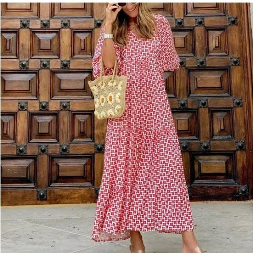 Summer Women's Vintage Printed Bohemian Dress Elegant Ladies Casual Loose V-Neck Short Sleeve Long Dresses ORIS WEAR