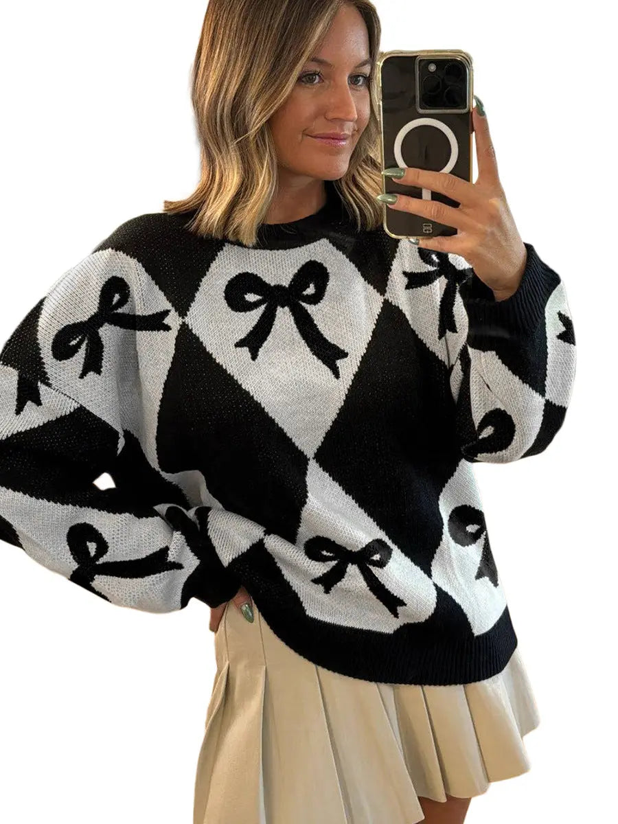 Pull tendance pour femme avec imprimé nœud et manches longues en maille ORIS WEAR