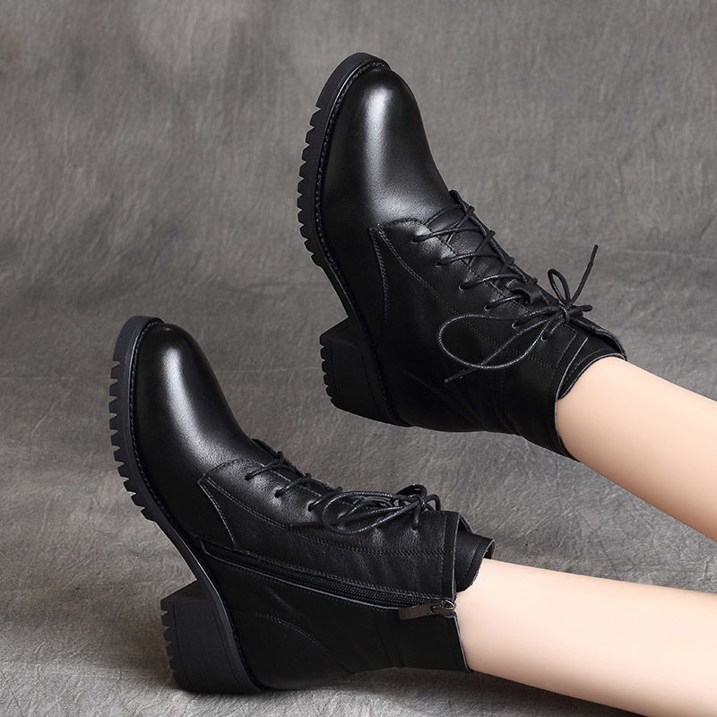 Bottes courtes à talons épais en cuir souple et velours ORIS WEAR