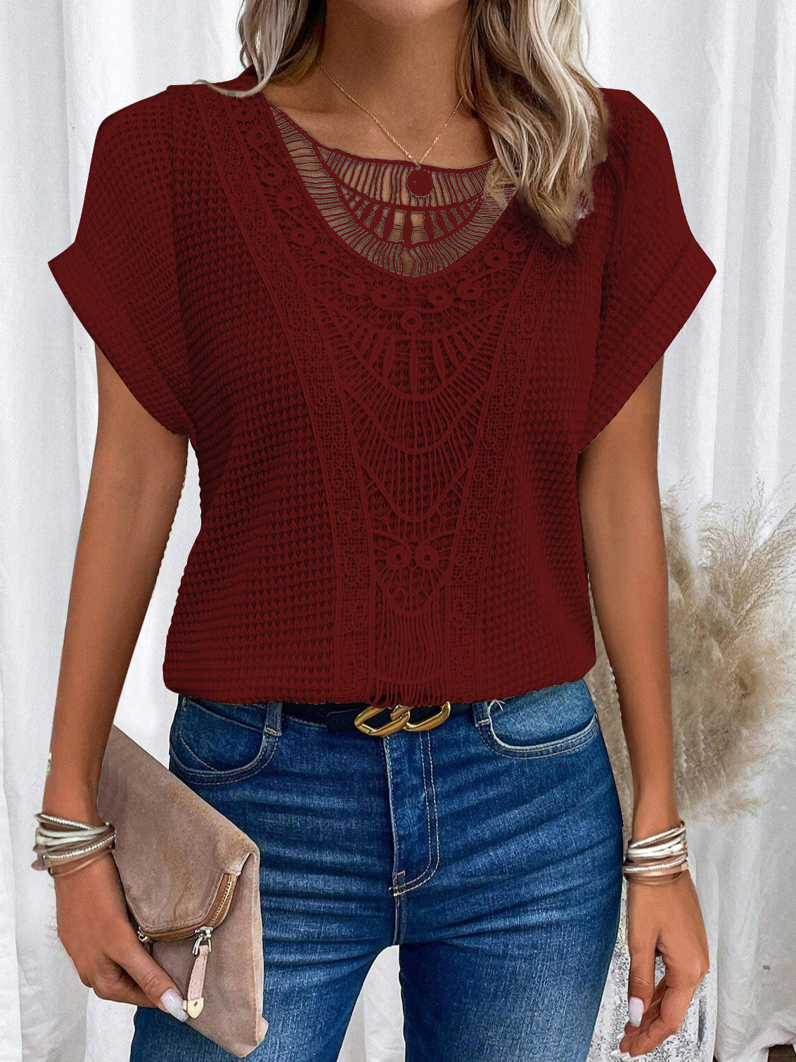 Pull  à manches courtes ajouré, style ethnique ORIS WEAR