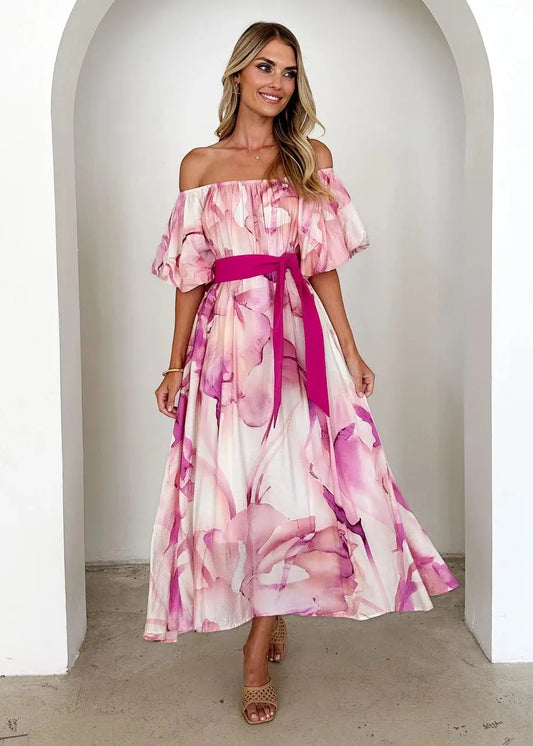 Robe longue femme fleurie rose — ORIS WEAR