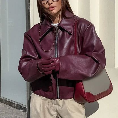 Veste en Cuir à Col Revers et Fermeture Éclair pour Femme ORIS WEAR