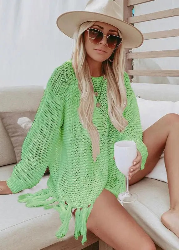 Poncho de plage en maille ajourée à franges ORIS WEAR
