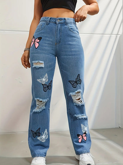 Jean Taille Haute à Imprimé Papillon &amp; Effet Usé ORIS WEAR