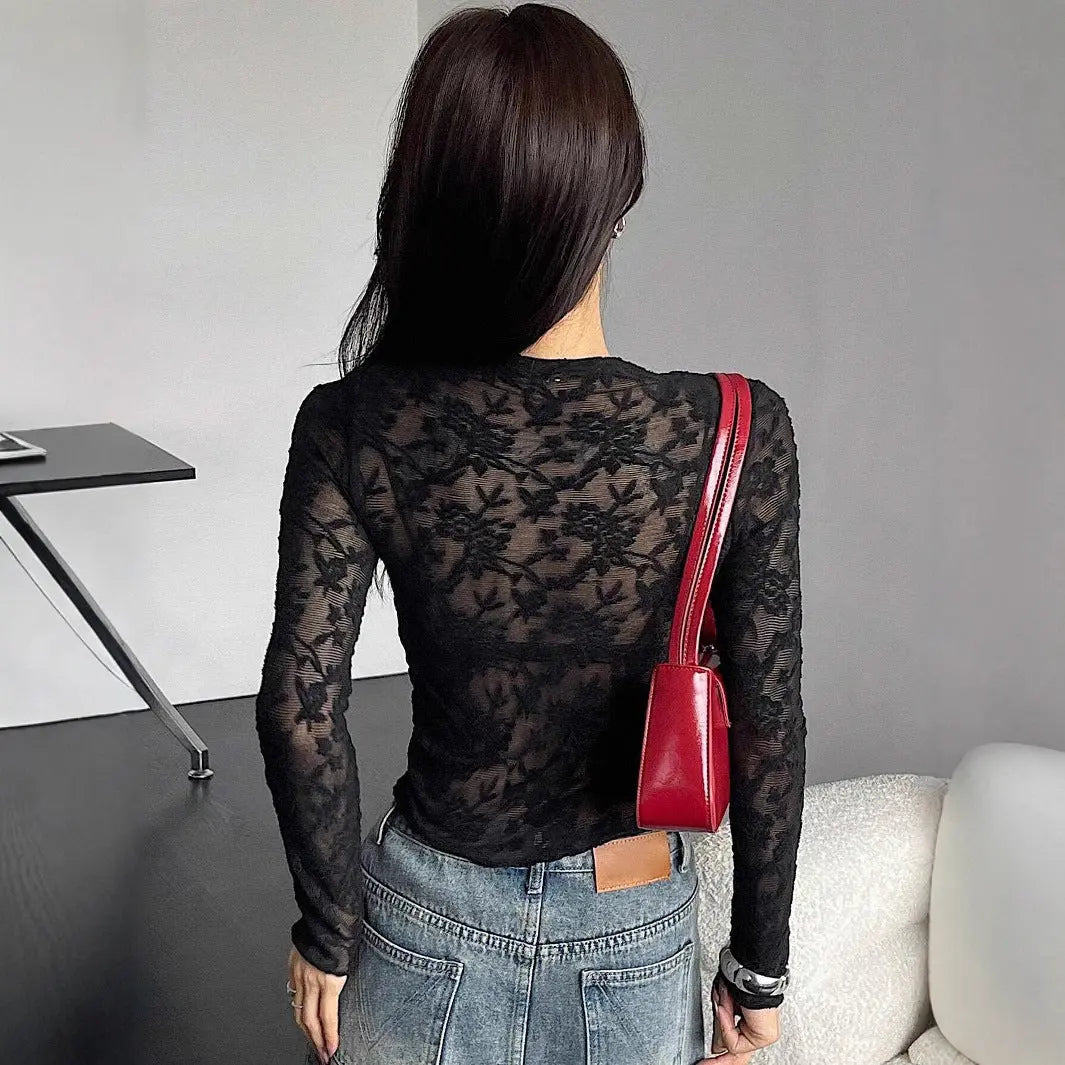 Womens Stand-Up Collar Sheer Lace Bodycon Long-Sleeve T-Shirt ORIS WEAR