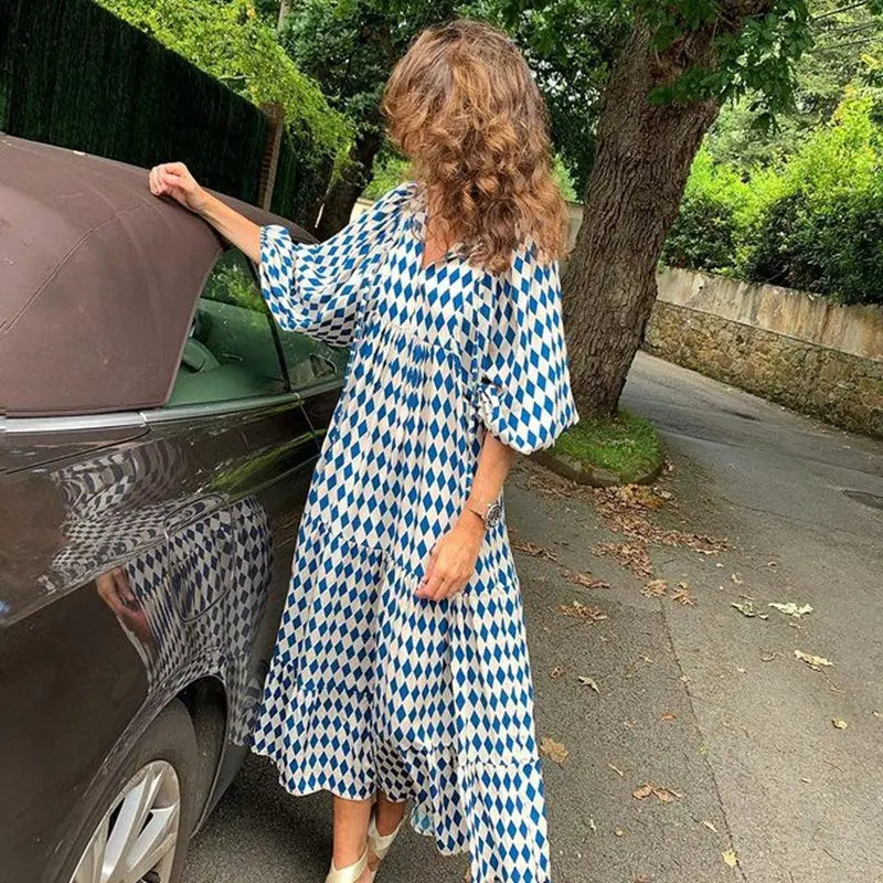 Summer Women's Vintage Printed Bohemian Dress Elegant Ladies Casual Loose V-Neck Short Sleeve Long Dresses ORIS WEAR