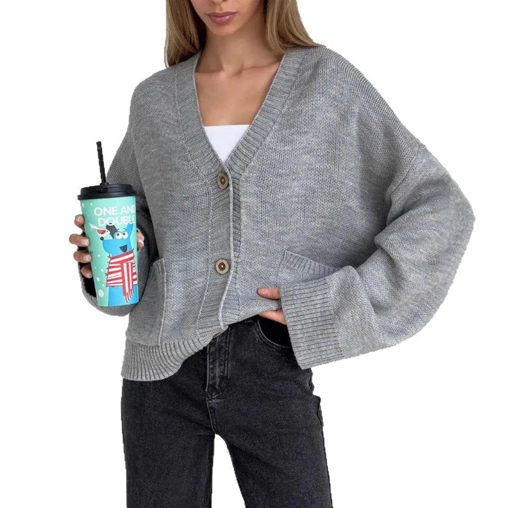Cardigan en maille unie col V avec grandes poches pour femme ORIS WEAR