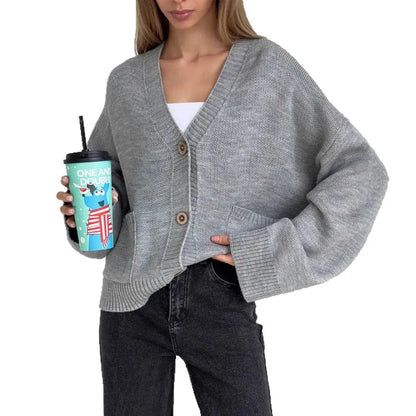 Cardigan en maille unie col V avec grandes poches pour femme ORIS WEAR