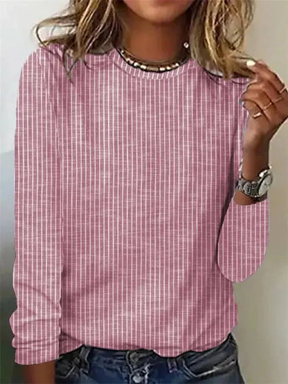 Loose Solid Color Striped Round Neck T-shirt For Women ORIS WEAR