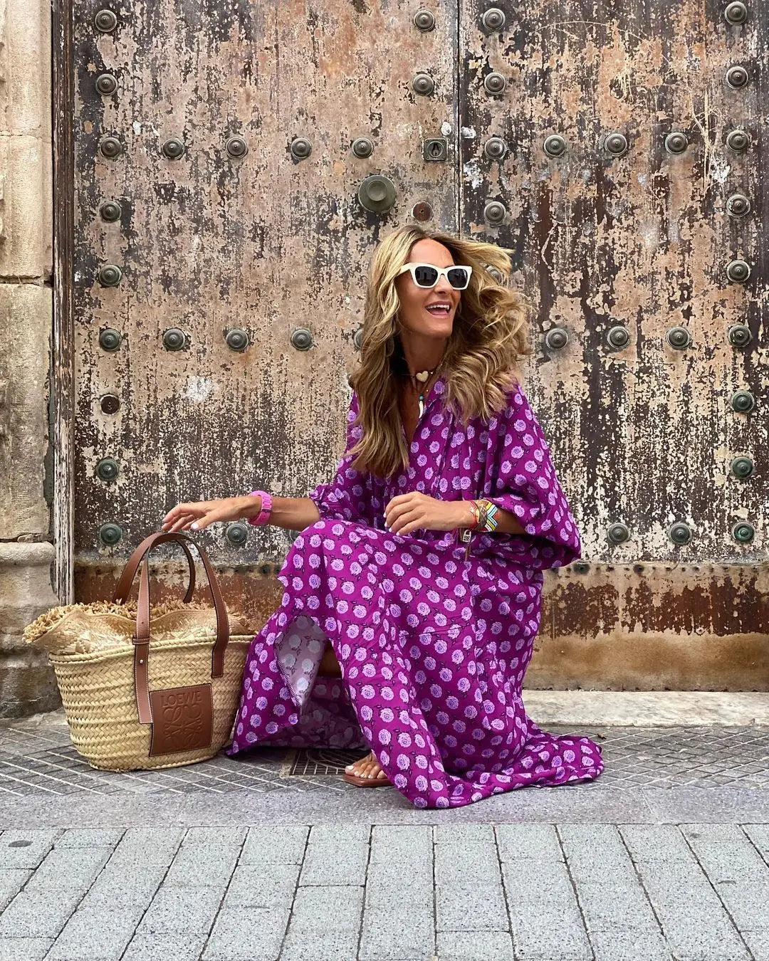 Summer Women's Vintage Printed Bohemian Dress Elegant Ladies Casual Loose V-Neck Short Sleeve Long Dresses ORIS WEAR