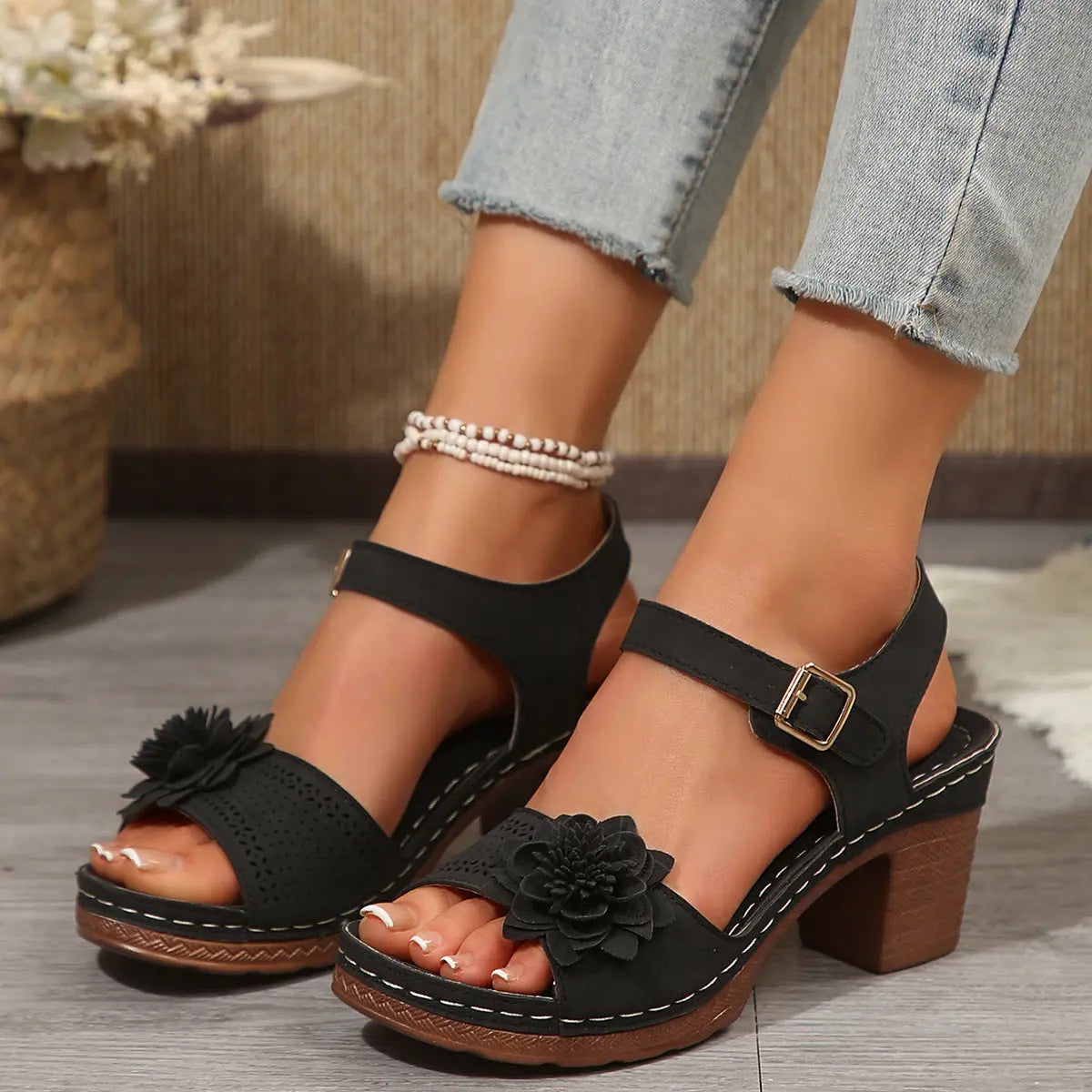 Sandales à Talon Épais avec Fleurs ORIS WEAR