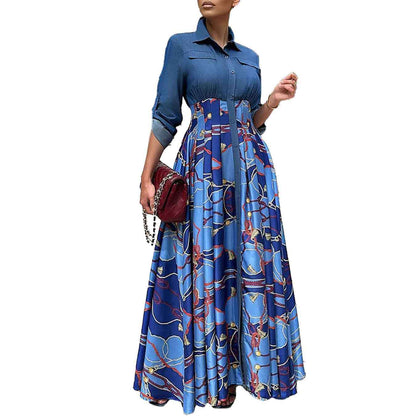 Casual Denim Stitching Printing Long Dress ORIS WEAR