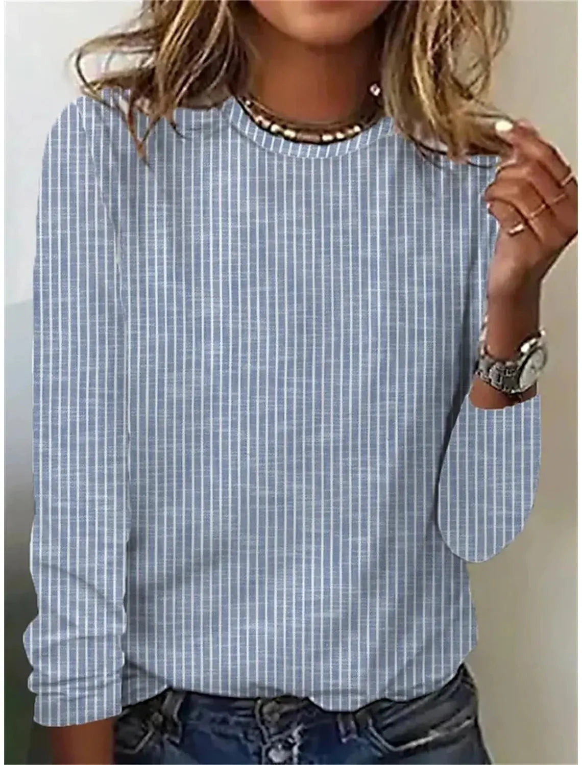 Loose Solid Color Striped Round Neck T-shirt For Women ORIS WEAR