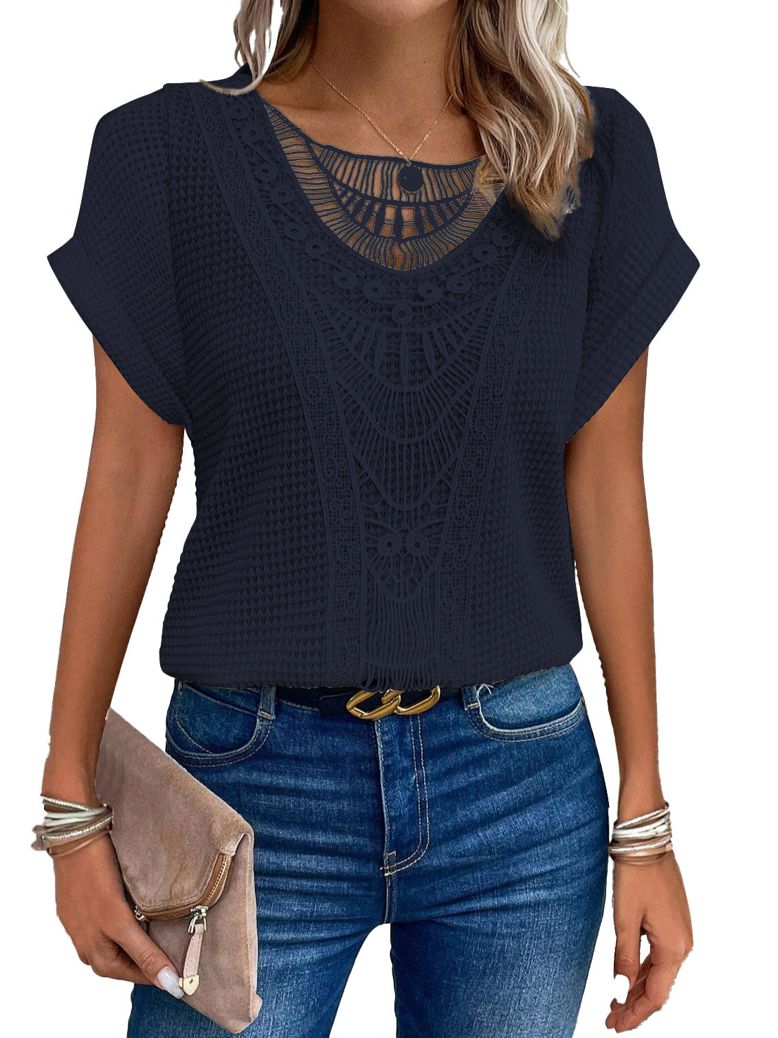 Pull  à manches courtes ajouré, style ethnique ORIS WEAR