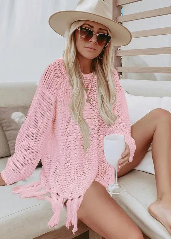 Poncho de plage en maille ajourée à franges ORIS WEAR