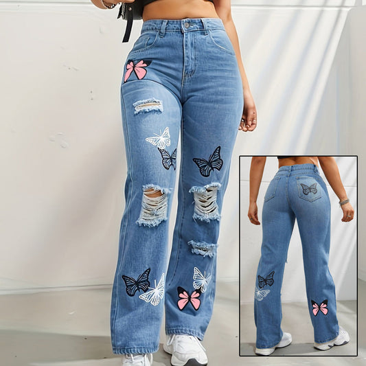 pantalon en denim déchiré à imprimé papillons 🦋 ORIS WEAR