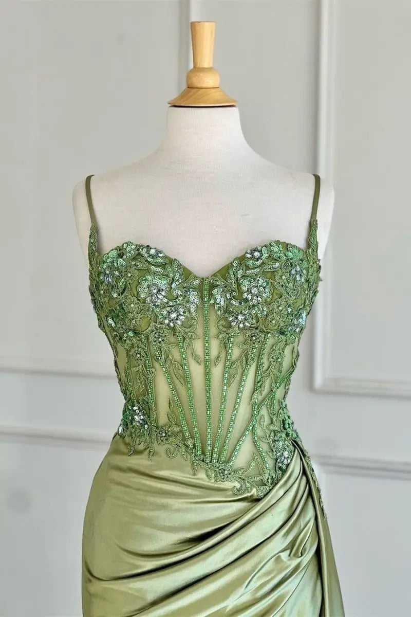 Paddy | Silver Spaghetti Straps Mermaid Appliqued Prom Dress With Split