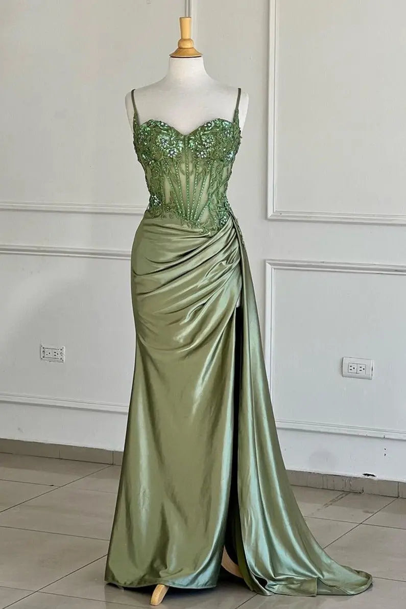 Paddy | Silver Spaghetti Straps Mermaid Appliqued Prom Dress With Split